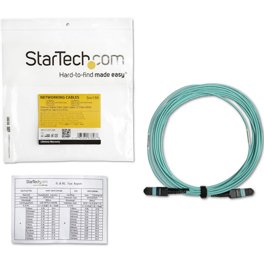 StarTech.com 16.40 ft Multi-Mode MTP/MPO Female to Female Fiber Optic Network Cable, OFNP Plenum, Aqua, 40 Gbit/s, 1 Each