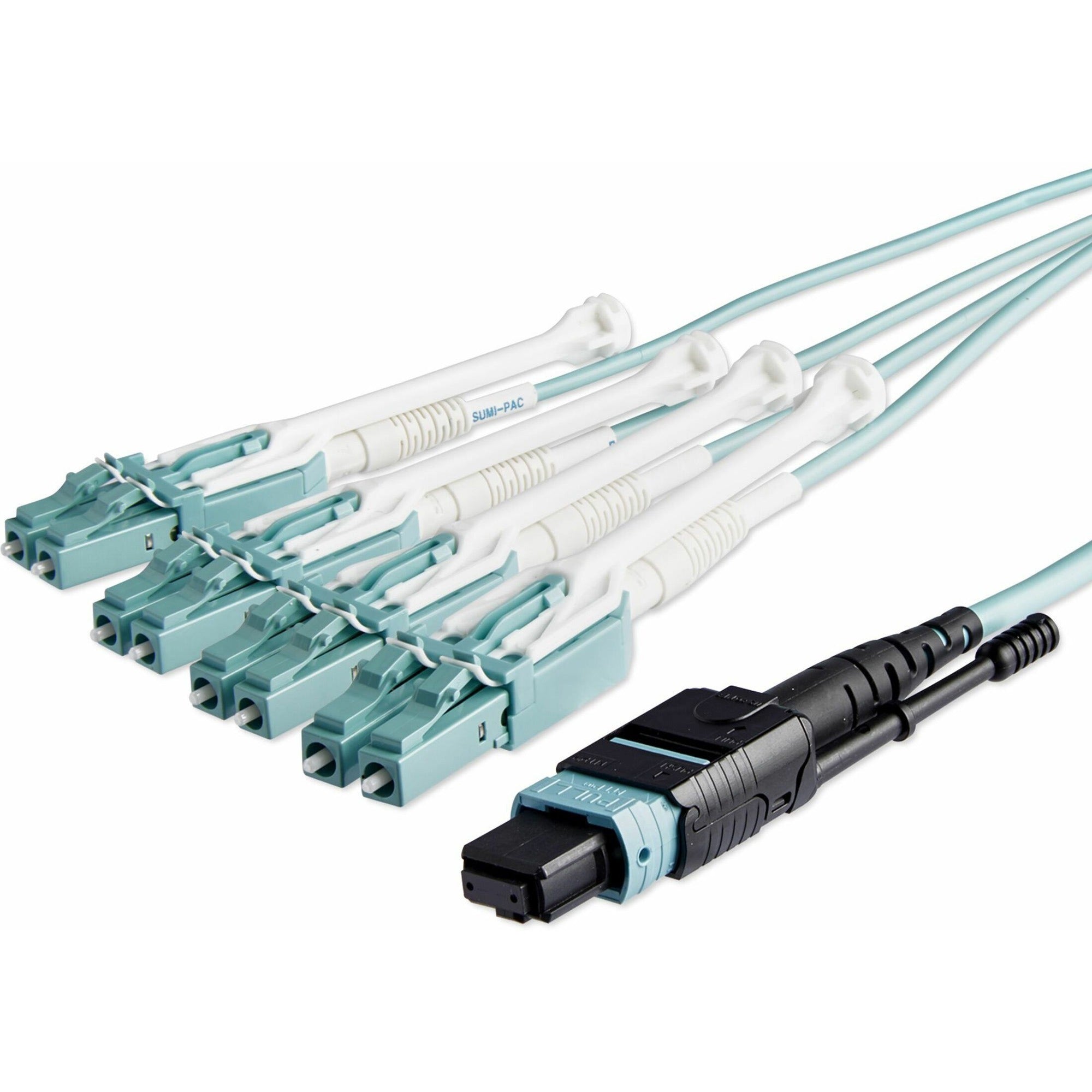 StarTech.com Fiber Optic Patch Duplex Network Cable, 32.81 ft, MTP/MPO Female to 8 x LC Male, 40 Gbit/s, Multi-mode 50/125µm, Plenum CMP OFNP, Aqua, 1 Each
