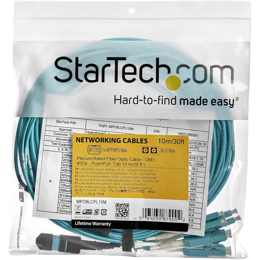 StarTech.com Fiber Optic Patch Duplex Network Cable, 32.81 ft, MTP/MPO Female to 8 x LC Male, 40 Gbit/s, Multi-mode 50/125µm, Plenum CMP OFNP, Aqua, 1 Each