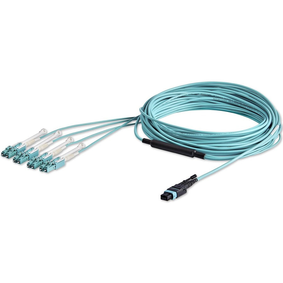 StarTech.com Fiber Optic Patch Duplex Network Cable, 32.81 ft, MTP/MPO Female to 8 x LC Male, 40 Gbit/s, Multi-mode 50/125µm, Plenum CMP OFNP, Aqua, 1 Each