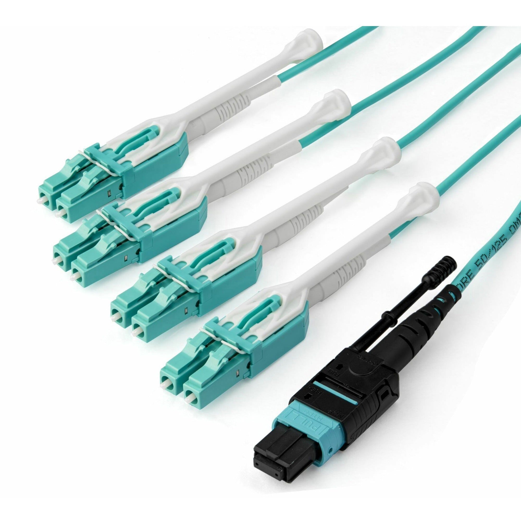 StarTech.com Fiber Optic Patch Duplex Network Cable, 3.28 ft, Multi-mode 50/125µm, 1 x MTP/MPO Female to 8 x LC Male, 40 Gbit/s, Plenum CMP OFNP, Aqua, 1 Each
