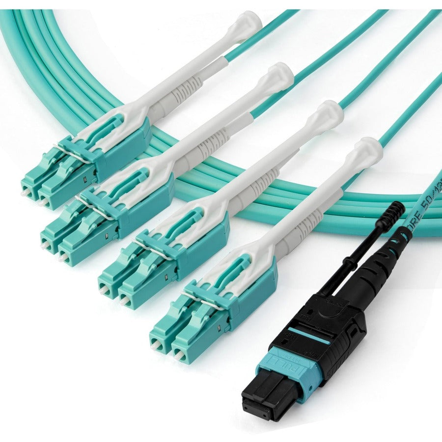 StarTech.com Fiber Optic Patch Duplex Network Cable, 3.28 ft, Multi-mode 50/125µm, 1 x MTP/MPO Female to 8 x LC Male, 40 Gbit/s, Plenum CMP OFNP, Aqua, 1 Each