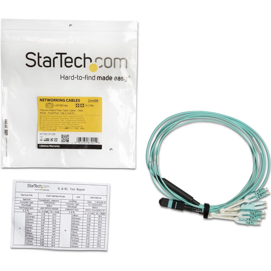 StarTech.com Fiber Optic Patch Duplex Network Cable, 6.56 ft, Multi-mode 50/125µm, 1 x MTP/MPO Female to 8 x LC Male, 40 Gbit/s, CMP Plenum OFNP Jacket, Aqua, 1 Each