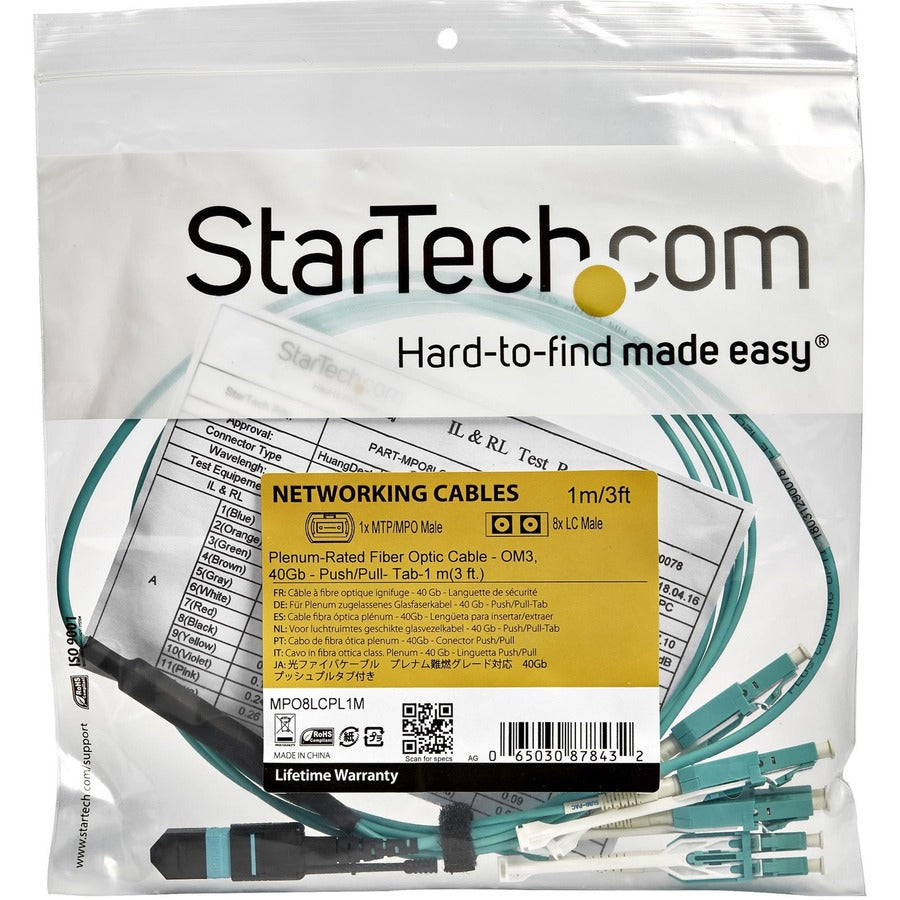 StarTech.com Fiber Optic Patch Duplex Network Cable, 9.84 ft, Multi-mode 50/125µm, 1 x MTP/MPO Female to 8 x LC Male, 40 Gbit/s, Plenum CMP OFNP, Aqua, 1 Each