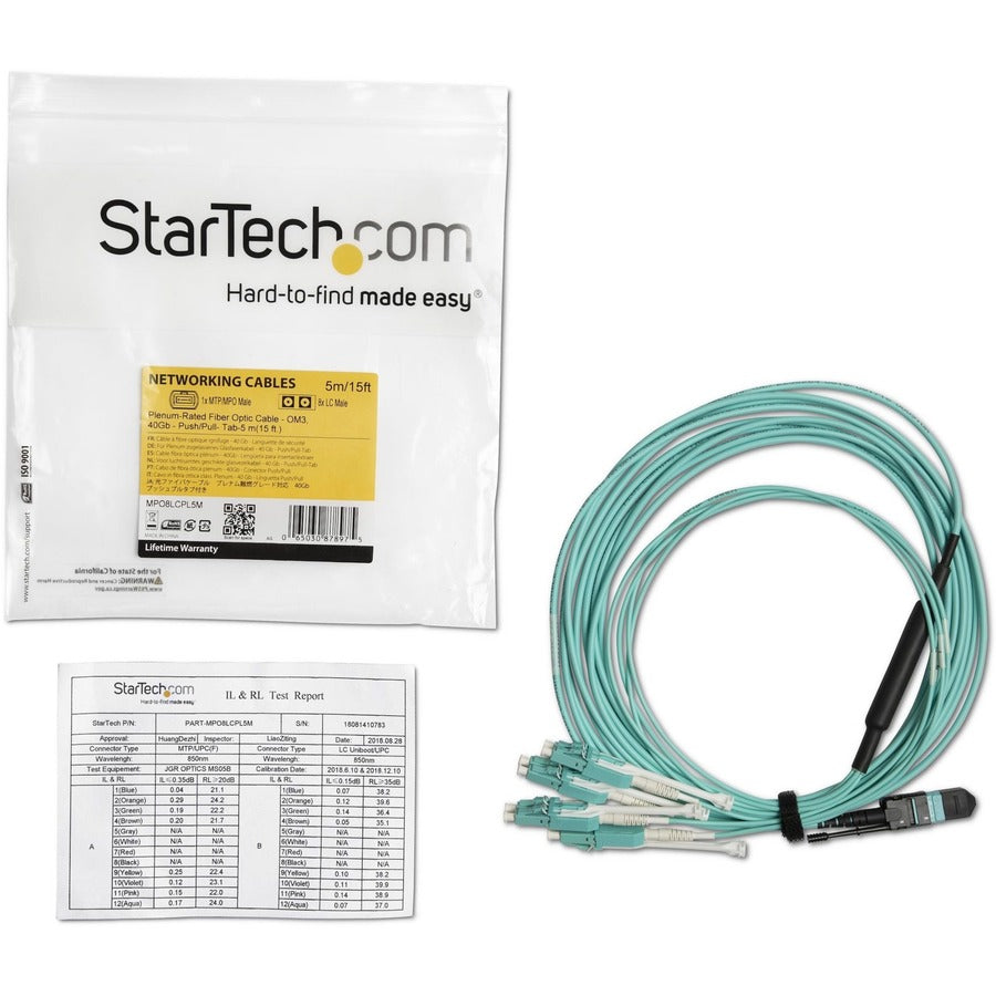 StarTech.com 16.40 ft Fiber Optic Patch Duplex Network Cable, MTP/MPO Female to 8 x LC Male, 40 Gbit/s, Multi-mode 50/125µm, Plenum CMP OFNP, Aqua, 1 Each