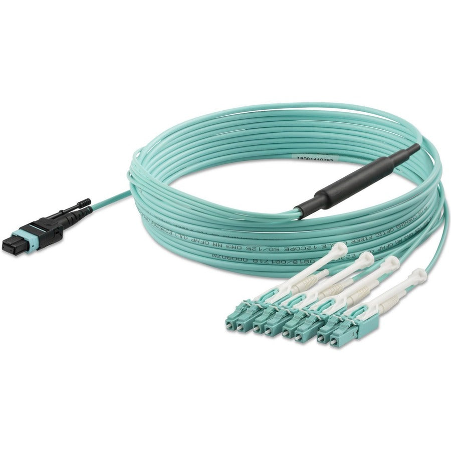 StarTech.com 16.40 ft Fiber Optic Patch Duplex Network Cable, MTP/MPO Female to 8 x LC Male, 40 Gbit/s, Multi-mode 50/125µm, Plenum CMP OFNP, Aqua, 1 Each