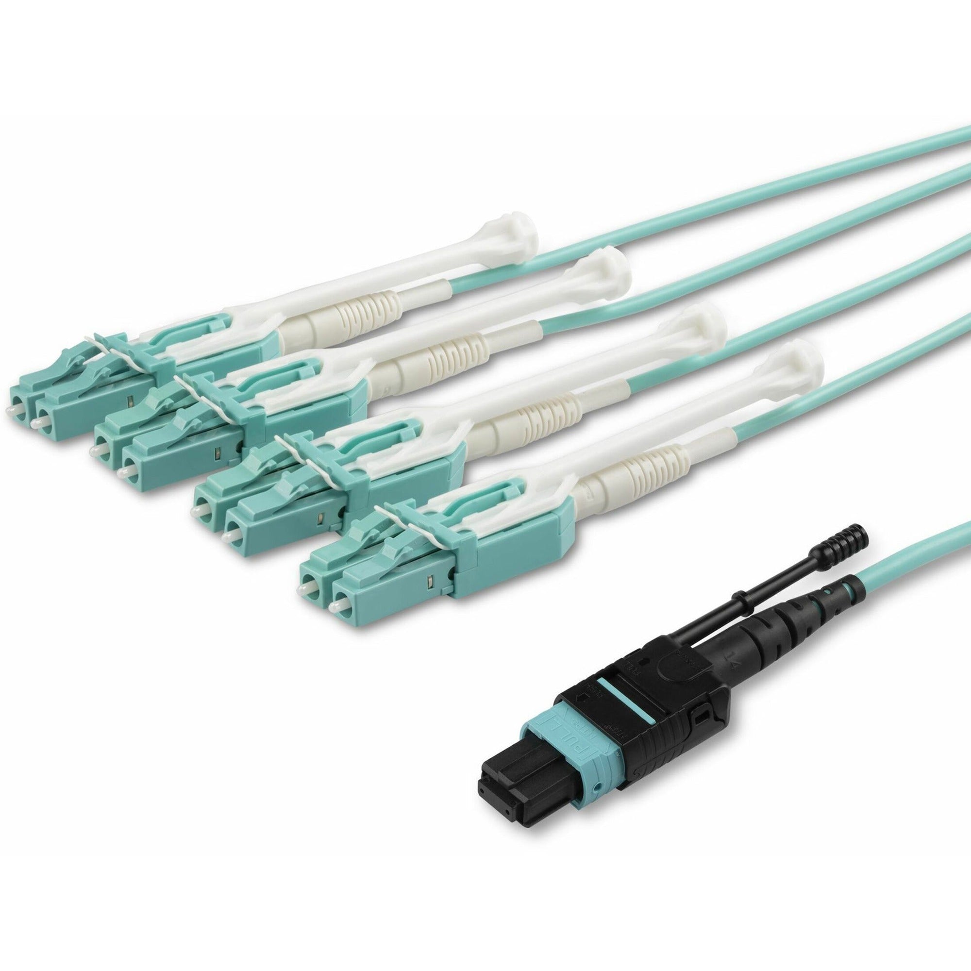 StarTech.com 16.40 ft Fiber Optic Patch Duplex Network Cable, MTP/MPO Female to 8 x LC Male, 40 Gbit/s, Multi-mode 50/125µm, Plenum CMP OFNP, Aqua, 1 Each