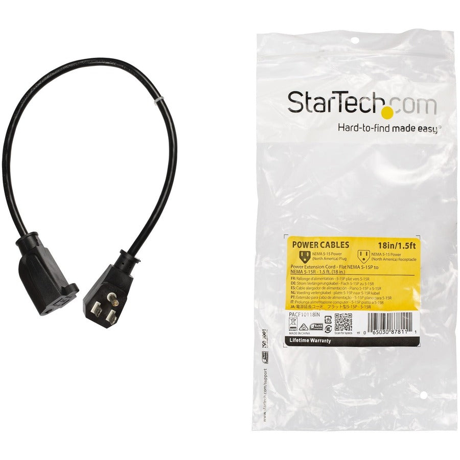 StarTech.com Power Extension Cord - Flat NEMA 5-15P to NEMA 5-15R - 1.5 ft. (18 in.)