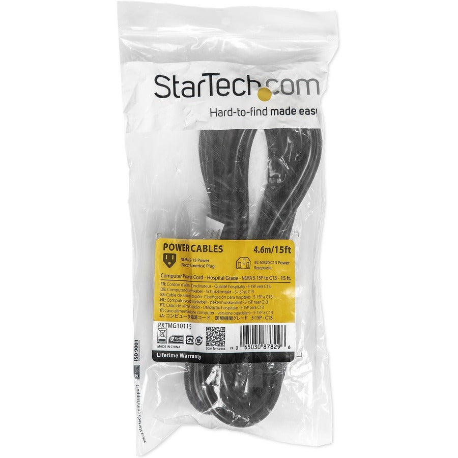 StarTech.com Standard Power Cord - For Monitor, Computer - 125 V AC / 10 A - Black - 15 ft Cord Length - NEMA 5-15P / IEC 60320 C13 - North America - 1 Each