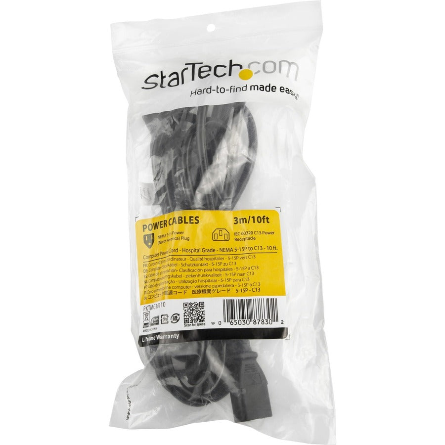 StarTech.com Standard Power Cord - For Monitor, Computer, Medical Equipment - 125 V AC / 10 A - Black - 3 ft Cord Length - NEMA 5-15P / IEC 60320 C13 - North America - 1 Each