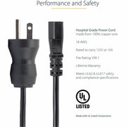 StarTech.com Standard Power Cord - For Monitor, Computer, Medical Equipment - 125 V AC / 10 A - Black - 3 ft Cord Length - NEMA 5-15P / IEC 60320 C13 - North America - 1 Each