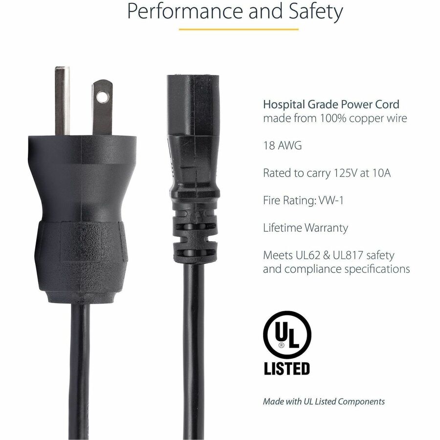 StarTech.com Standard Power Cord - For Monitor, Computer, Medical Equipment - 125 V AC / 10 A - Black - 3 ft Cord Length - NEMA 5-15P / IEC 60320 C13 - North America - 1 Each