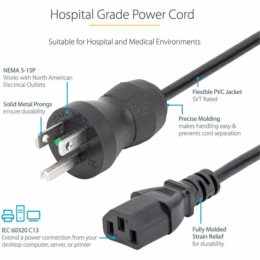 StarTech.com Standard Power Cord - For Monitor, Computer, Medical Equipment - 125 V AC / 10 A - Black - 3 ft Cord Length - NEMA 5-15P / IEC 60320 C13 - North America - 1 Each