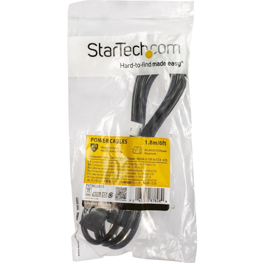 StarTech.com Standard Power Cord - For Computer, Monitor, Medical Equipment - 125 V AC / 10 A - Black - 6 ft Cord Length - NEMA 5-15P / IEC 60320 C13 - North America - 1 Each
