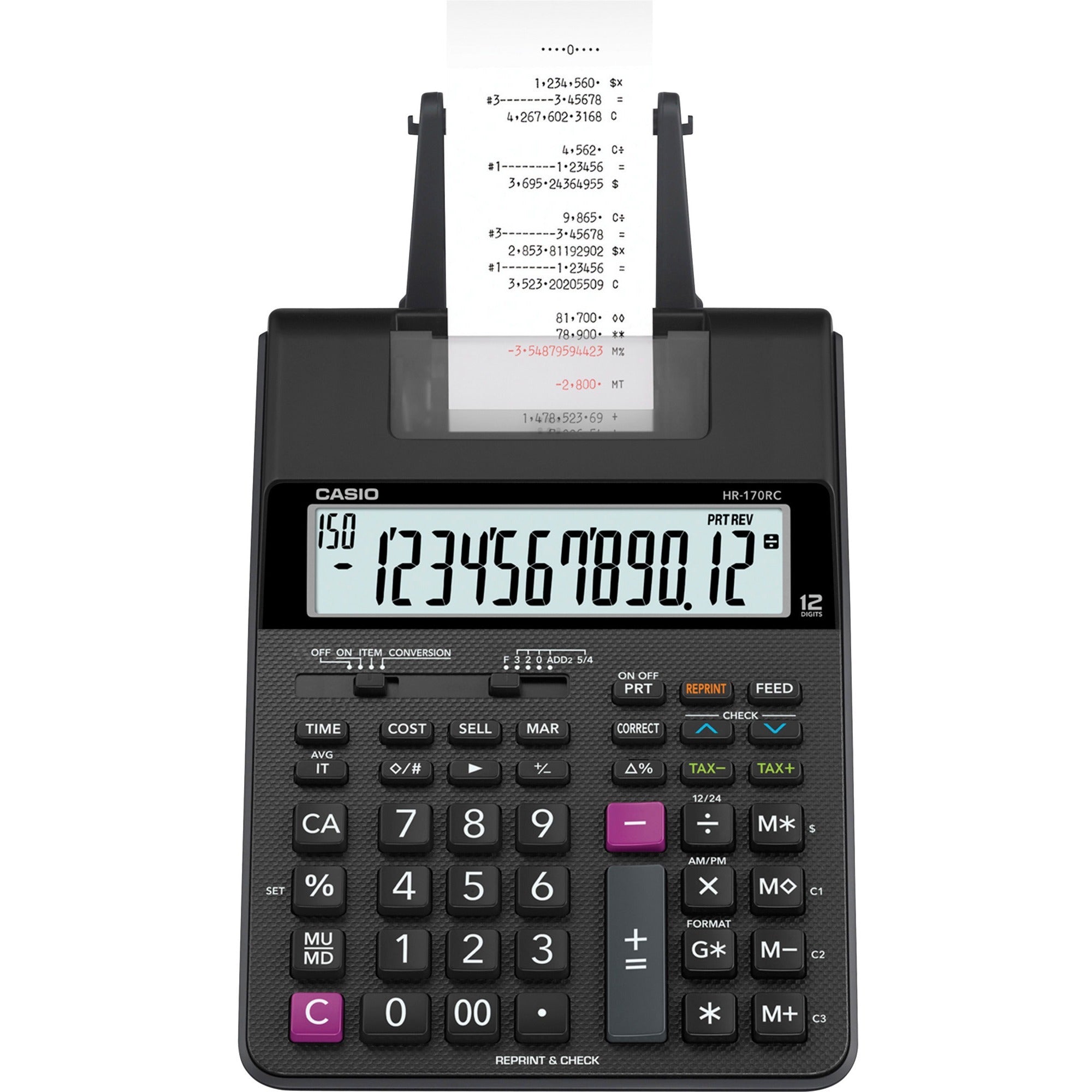 Dual Power, Two-color Printing, Easy-to-read Display, Sign Change, Compact - 12 Digits - LCD - AC Supply/Battery Powered - 4 x AA - 2.6" Height x 6.5" Width x 11.6" Length - Black - Portable - 1 Each
