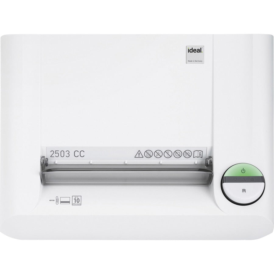 ideal. 2503 Cross-cut Paper Shredder, Continuous, 10 Sheets Per Pass, 0.625" x 0.093" Shred Size, P-5 Security, 24 ft/min, 10.25" Throat, 20 gal Bin, White, 1 Each