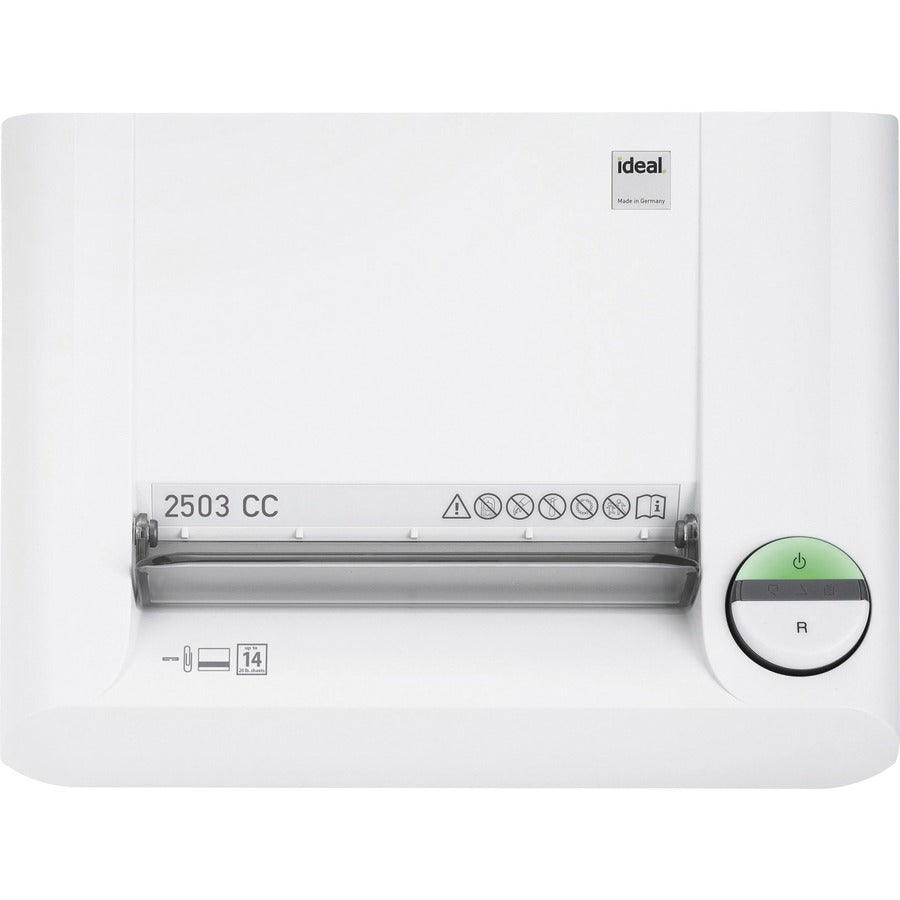 ideal. 2503 Cross-cut Paper Shredder - Continuous Shredder - Cross Cut - 14 Per Pass - for shredding Staples, Paper, Paper Clip, Credit Card - 1.500" x 0.187" Shred Size - P-4 - 24 ft/min - 10.25" Throat - 20 gal Wastebin Capacity - 750 mW - White