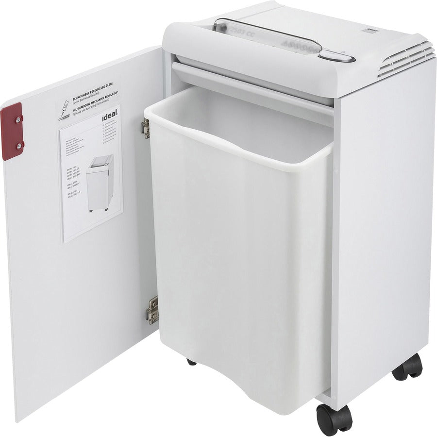 ideal. 2503 Cross-cut Paper Shredder - Continuous Shredder - Cross Cut - 14 Per Pass - for shredding Staples, Paper, Paper Clip, Credit Card - 1.500" x 0.187" Shred Size - P-4 - 24 ft/min - 10.25" Throat - 20 gal Wastebin Capacity - 750 mW - White
