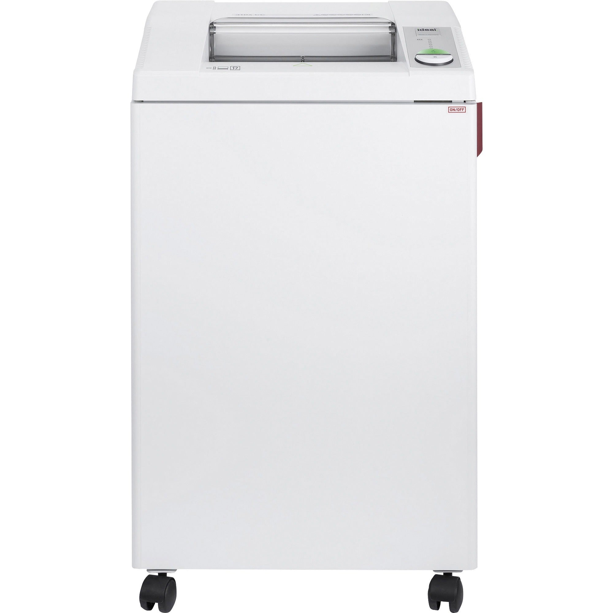 ideal. 3104 Cross-cut Paper Shredder, Continuous, 17 Sheets Per Pass, 0.625" x 0.093" Shred Size, P-5 Security, 18 ft/min, 12" Throat, 32 gal Bin, White, 1 Each
