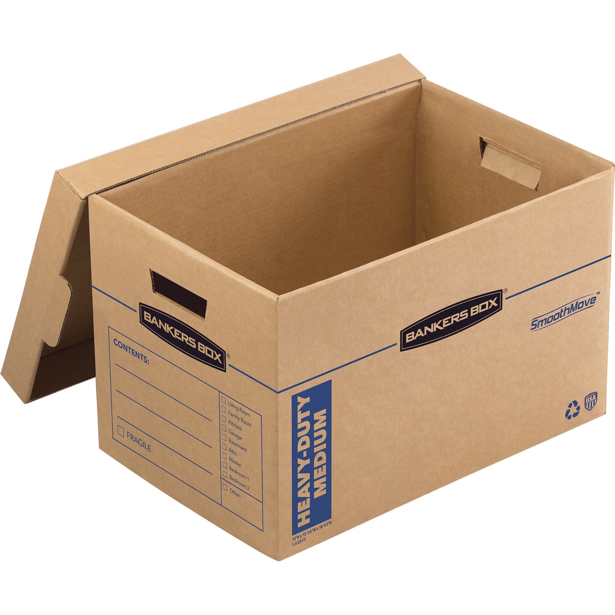Bankers Box SmoothMove Maximum Strength Moving Boxes, Kraft, Corrugated Paper, Triple End/Double Side/Double Bottom Wall, Lift-off Lid, Stackable, Reinforced Handles, 8 Boxes per Carton