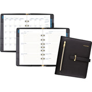 At-A-Glance Buckle Closure Undated Desk Start Set, 7-Ring, 5-1/2" x 8-1/2", Black Faux Leather, Includes 12 Month Tabs, 16 Weekly Pages, 24 Notes Pages, Zippered Pouch, Page Marker Ruler, 1 Each