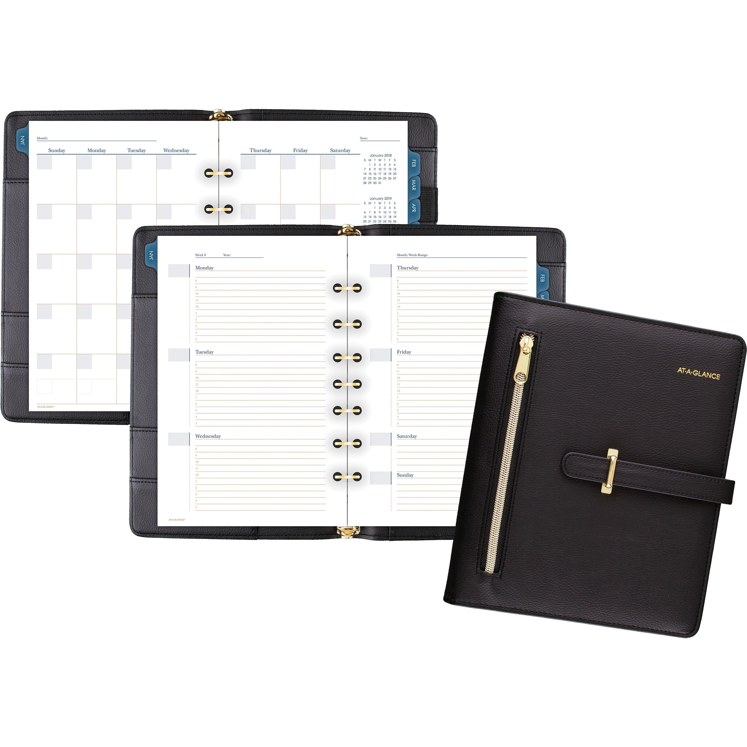 At-A-Glance Buckle Closure Undated Desk Start Set, 7-Ring, 5-1/2" x 8-1/2", Black Faux Leather, Includes 12 Month Tabs, 16 Weekly Pages, 24 Notes Pages, Zippered Pouch, Page Marker Ruler, 1 Each