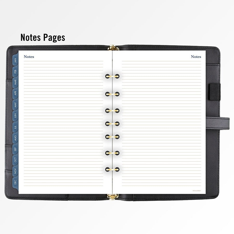 At-A-Glance Buckle Closure Undated Desk Start Set, 7-Ring, 5-1/2" x 8-1/2", Black Faux Leather, Includes 12 Month Tabs, 16 Weekly Pages, 24 Notes Pages, Zippered Pouch, Page Marker Ruler, 1 Each