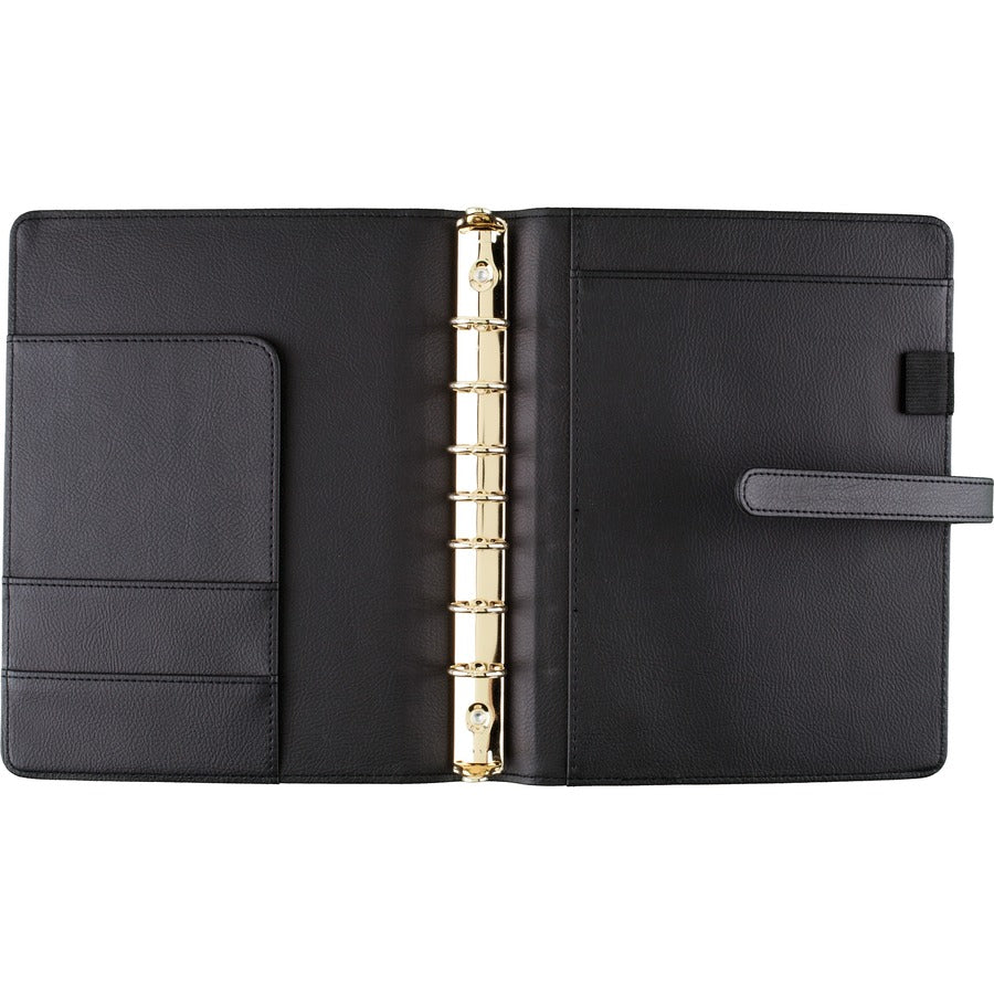 At-A-Glance Buckle Closure Undated Desk Start Set, 7-Ring, 5-1/2" x 8-1/2", Black Faux Leather, Includes 12 Month Tabs, 16 Weekly Pages, 24 Notes Pages, Zippered Pouch, Page Marker Ruler, 1 Each