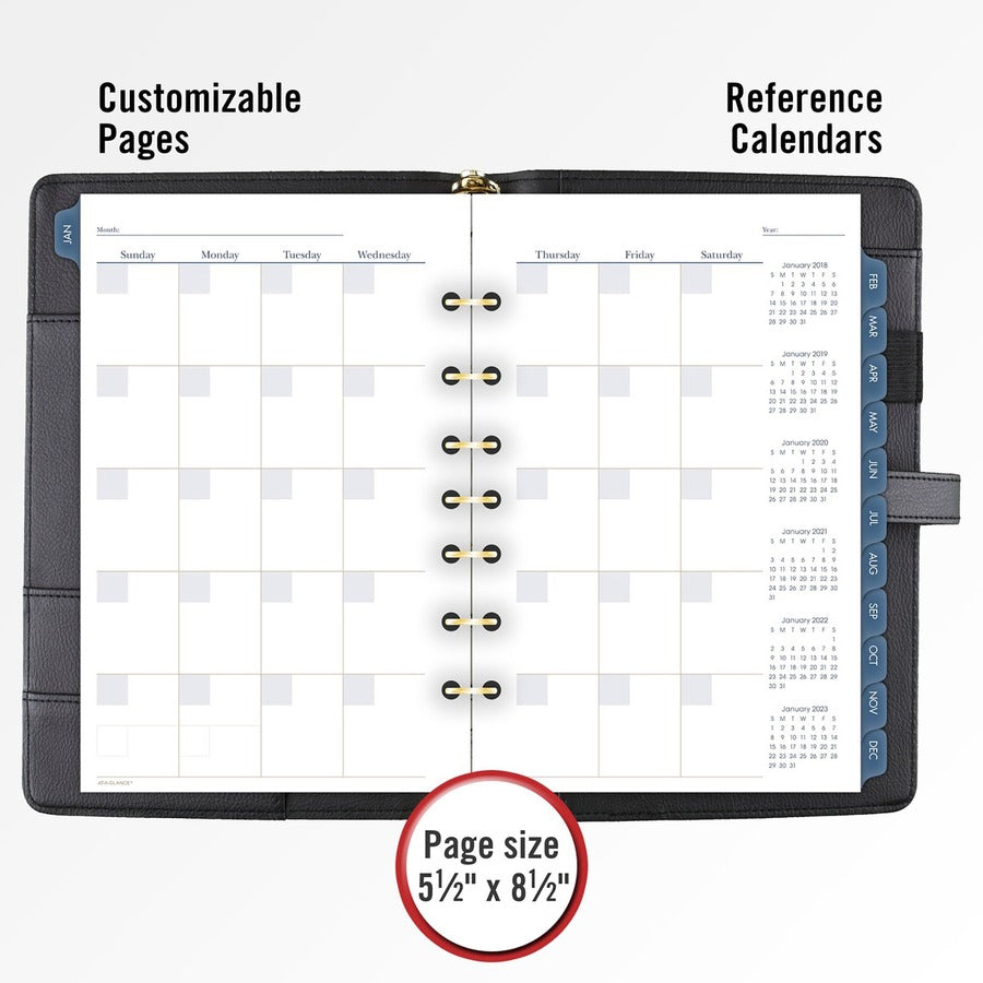 At-A-Glance Buckle Closure Undated Desk Start Set, 7-Ring, 5-1/2" x 8-1/2", Black Faux Leather, Includes 12 Month Tabs, 16 Weekly Pages, 24 Notes Pages, Zippered Pouch, Page Marker Ruler, 1 Each