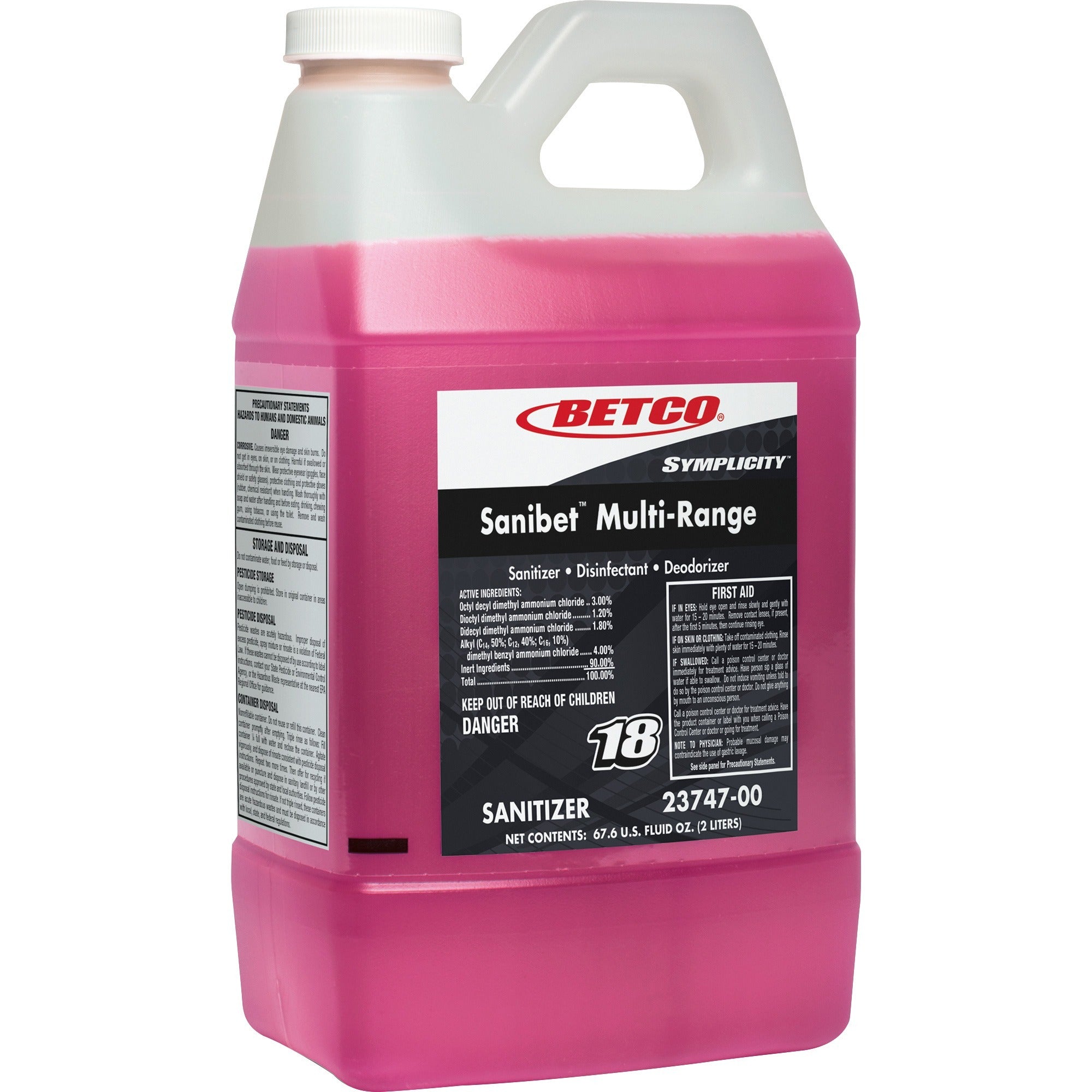 Betco Symplicity FastDraw 18 Sanibet MultiRange Sanitizer - Concentrate - 67.6 fl oz (2.1 quart) - Deodorize, Disinfectant - Pink - 1 Each