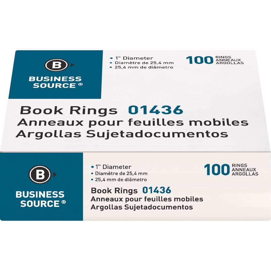 Business Source Standard Book Rings - 1" Diameter - Silver - Nickel Plated - 100 / Box