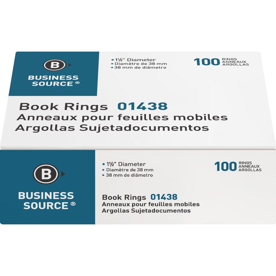 Business Source Standard Book Rings - 1.5" Diameter - Silver - Nickel Plated - 100 / Box