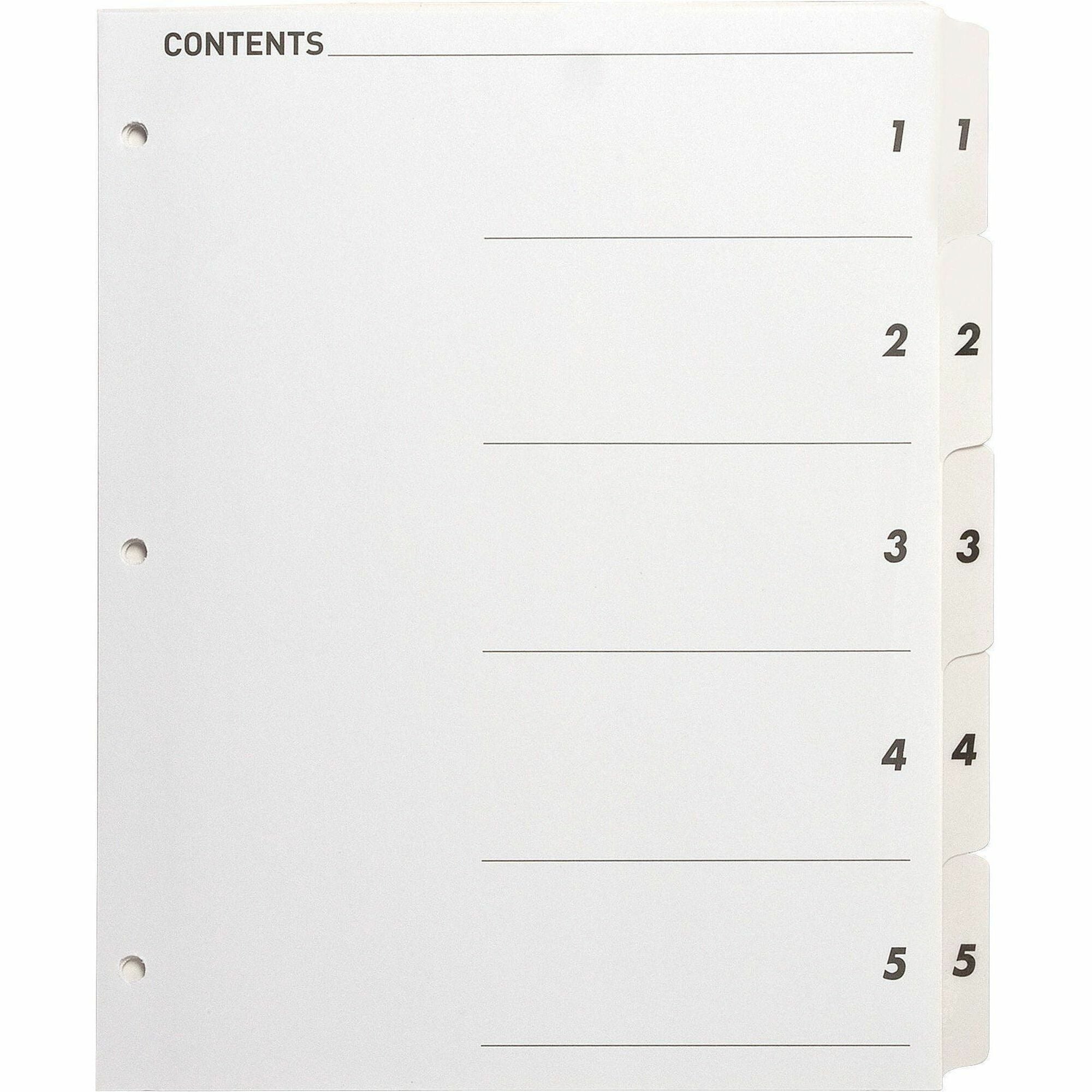 Business Source Table of Content Quick Index Dividers - Printed Tab(s) - Digit - 1-5 - 5 Tab(s)/Set - 8.5" Divider Width x 11" Divider Length - 3 Hole Punched - White Divider - White Mylar Tab(s) - 1 Set