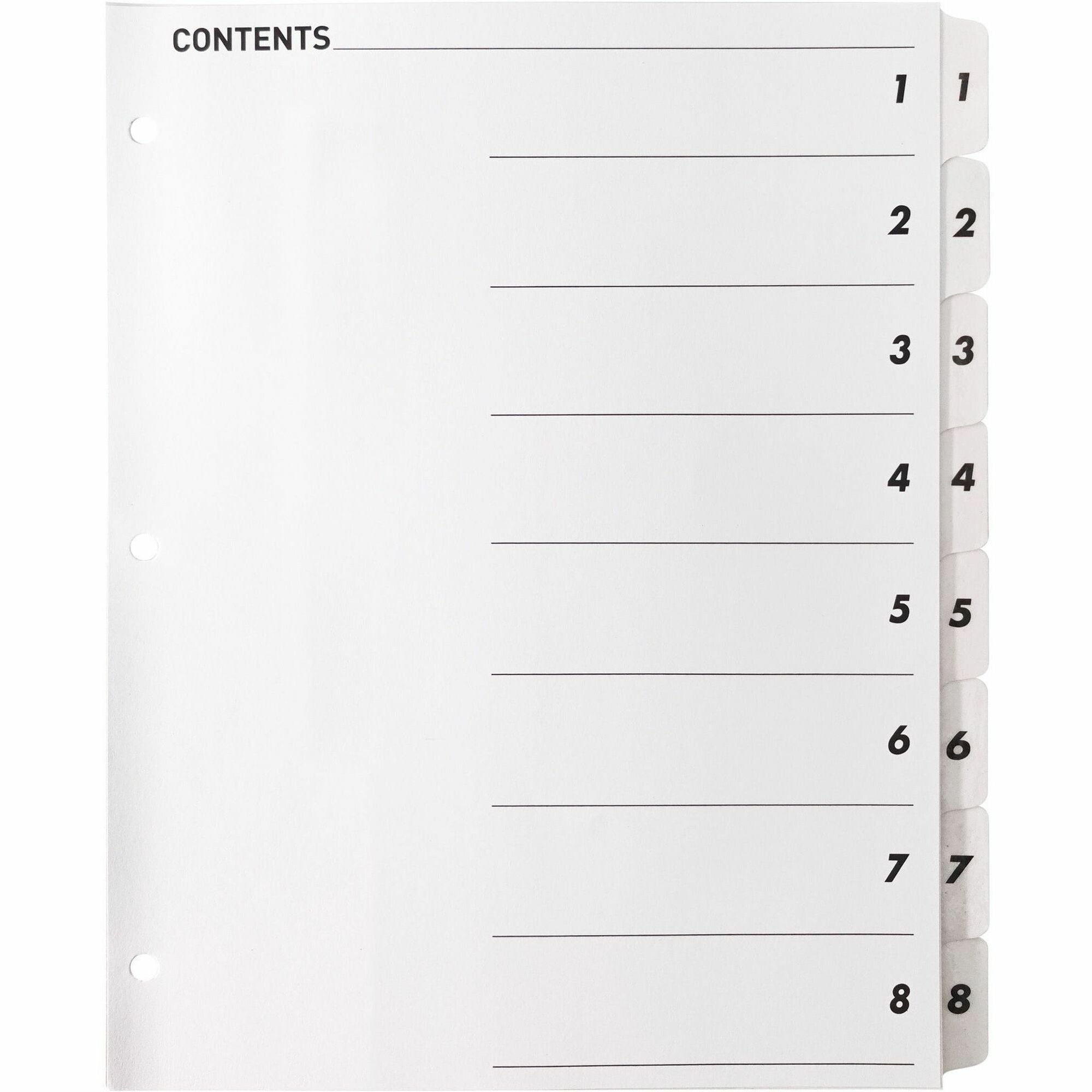 Business Source Table of Content Quick Index Dividers - Printed Tab(s) - Digit - 1-8 - 8 Tab(s)/Set - 8.5" Divider Width x 11" Divider Length - 3 Hole Punched - White Divider - White Mylar Tab(s) - 1 Set