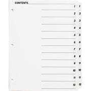 Business Source Table of Content Quick Index Dividers - Printed Tab(s) - Digit - 1-12 - 12 Tab(s)/Set - 8.5" Divider Width x 11" Divider Length - 3 Hole Punched - White Divider - White Mylar Tab(s) - 1 Set