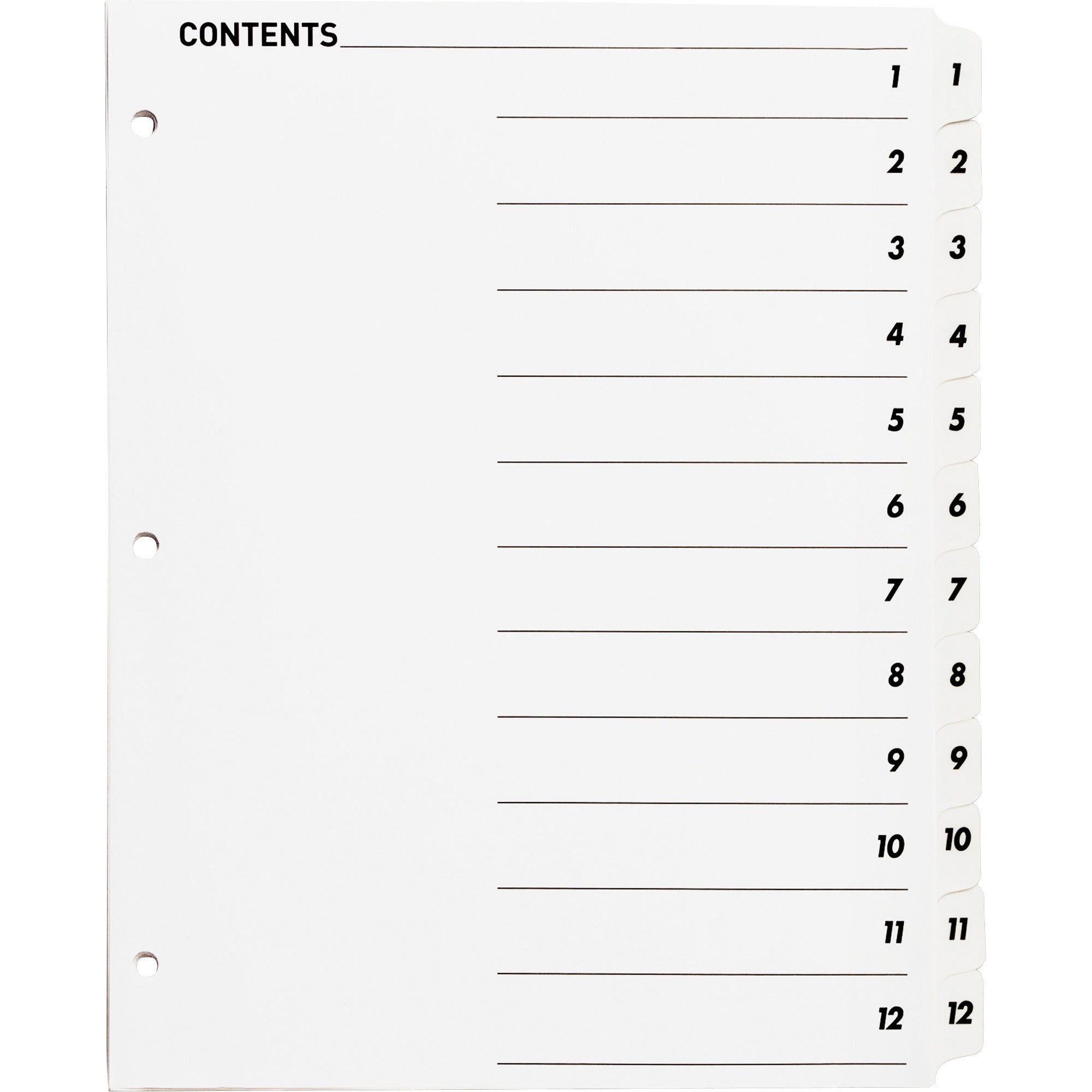 Business Source Table of Content Quick Index Dividers - Printed Tab(s) - Digit - 1-12 - 12 Tab(s)/Set - 8.5" Divider Width x 11" Divider Length - 3 Hole Punched - White Divider - White Mylar Tab(s) - 1 Set