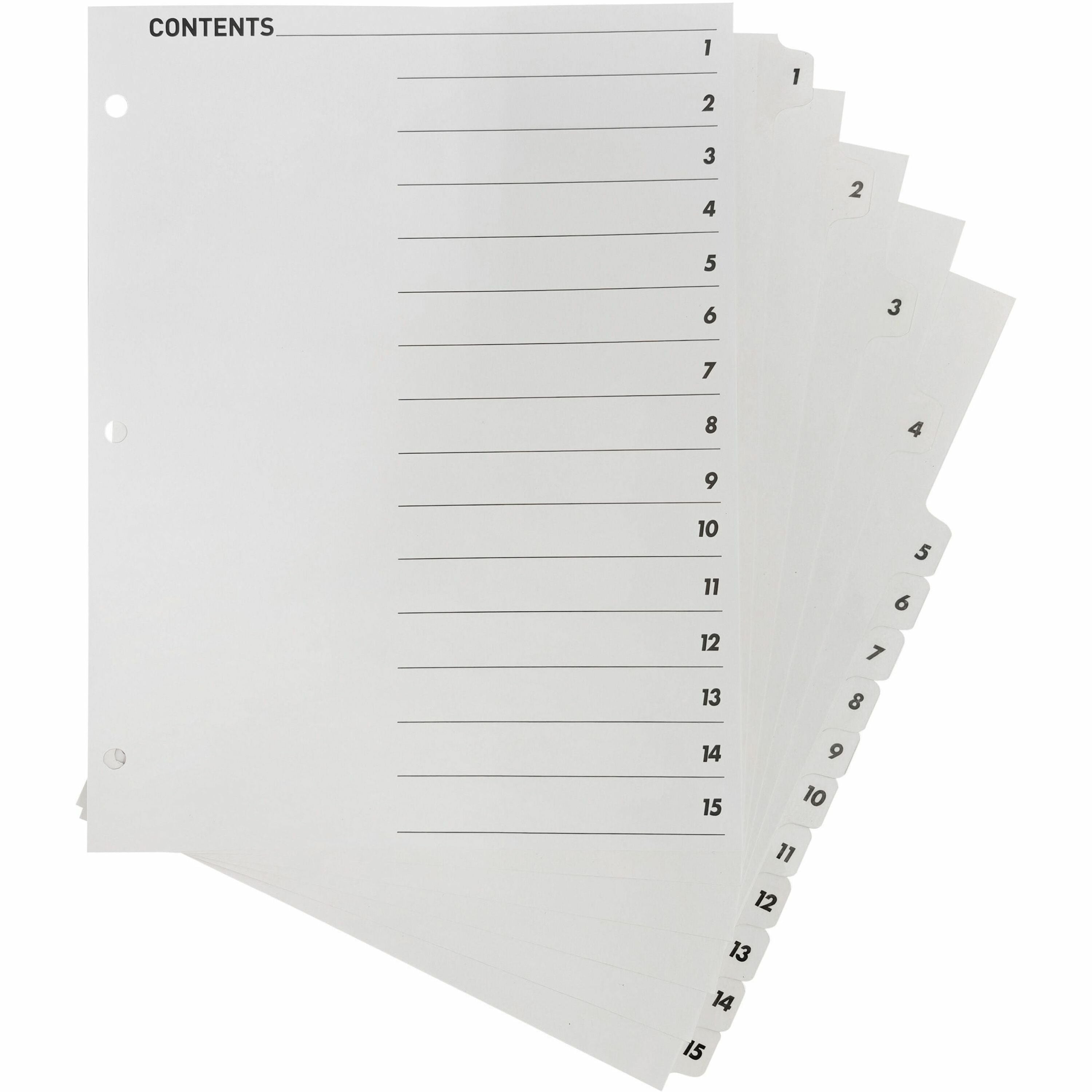 Business Source Table of Content Quick Index Dividers - Printed Tab(s) - Digit - 1-15 - 15 Tab(s)/Set - 8.5" Divider Width x 11" Divider Length - 3 Hole Punched - White Divider - White Mylar Tab(s) - 1 Set