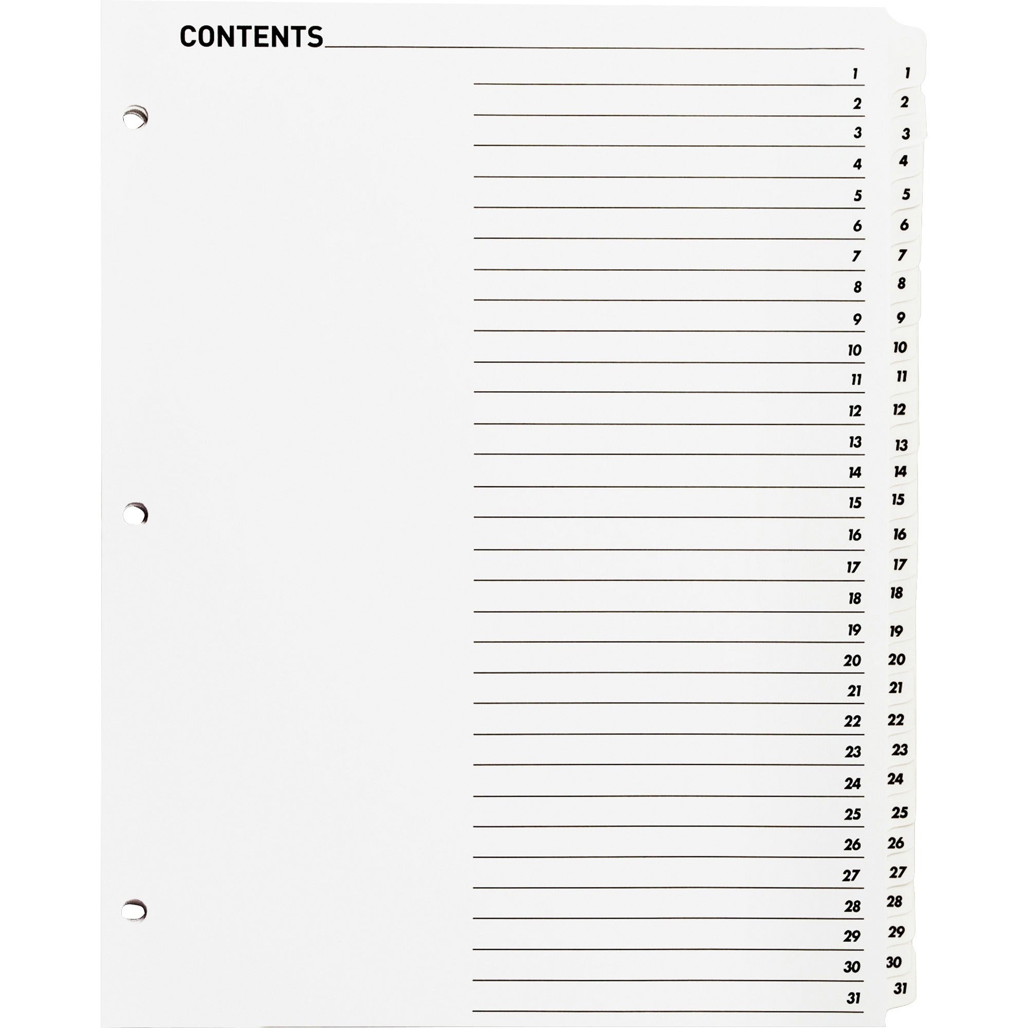 Business Source Table of Content Quick Index Dividers - Printed Tab(s) - Digit - 1-31 - 31 Tab(s)/Set - 8.5" Divider Width x 11" Divider Length - 3 Hole Punched - White Divider - White Mylar Tab(s) - 1 Set