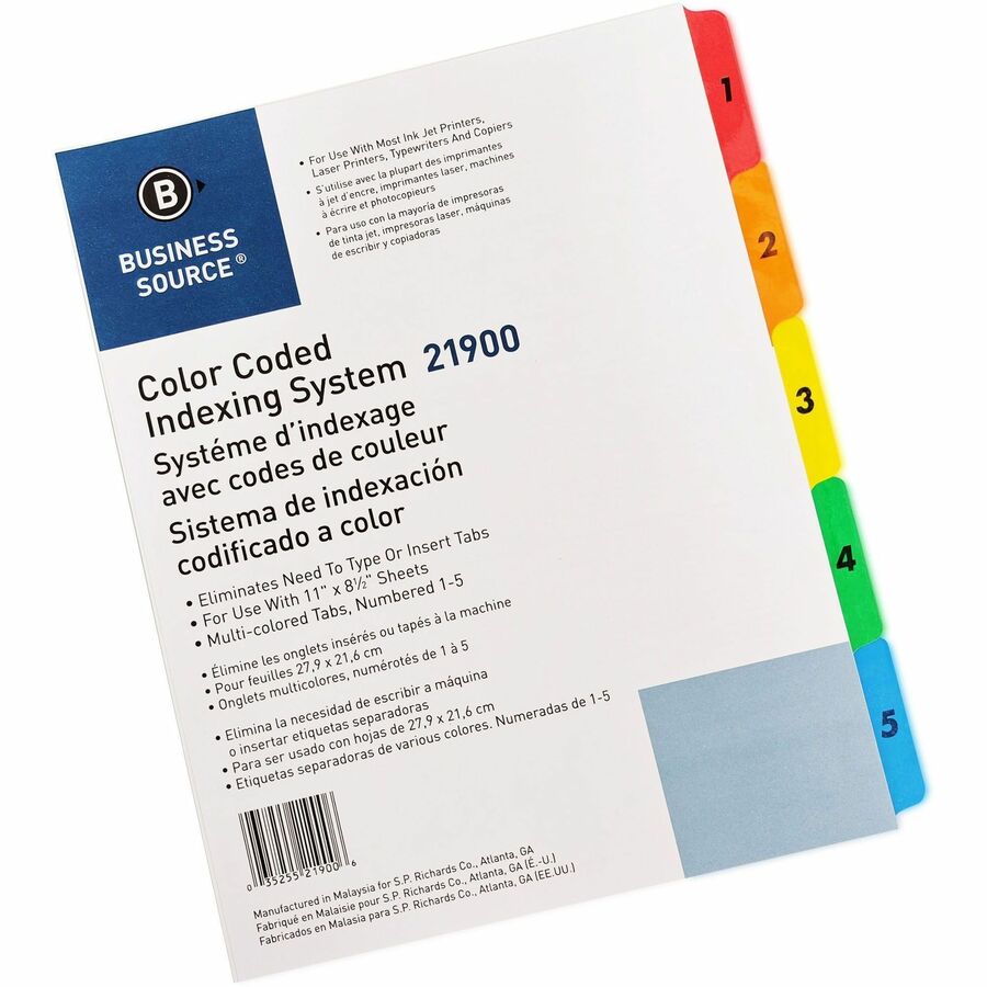 Business Source Table of Content Quick Index Dividers - Printed Tab(s) - Digit - 1-5 - 5 Tab(s)/Set - 8.5" Divider Width x 11" Divider Length - 3 Hole Punched - Multicolor Mylar Divider - Multicolor Mylar Tab(s) - 1 Set