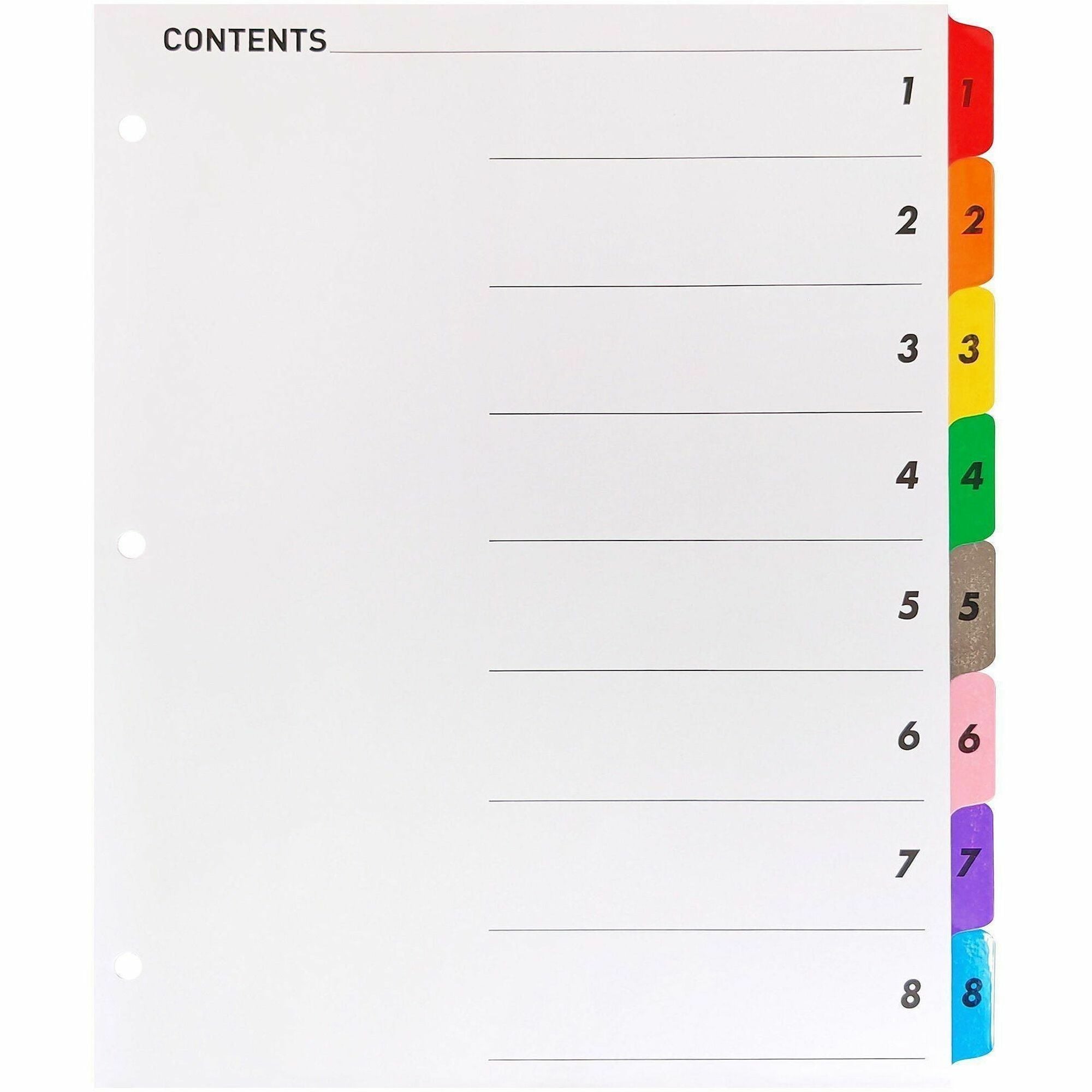 Business Source Table of Content Quick Index Dividers - Printed Tab(s) - Digit - 1-8 - 8 Tab(s)/Set - 8.5" Divider Width x 11" Divider Length - 3 Hole Punched - Multicolor Divider - Multicolor Mylar Tab(s) - 1 Set