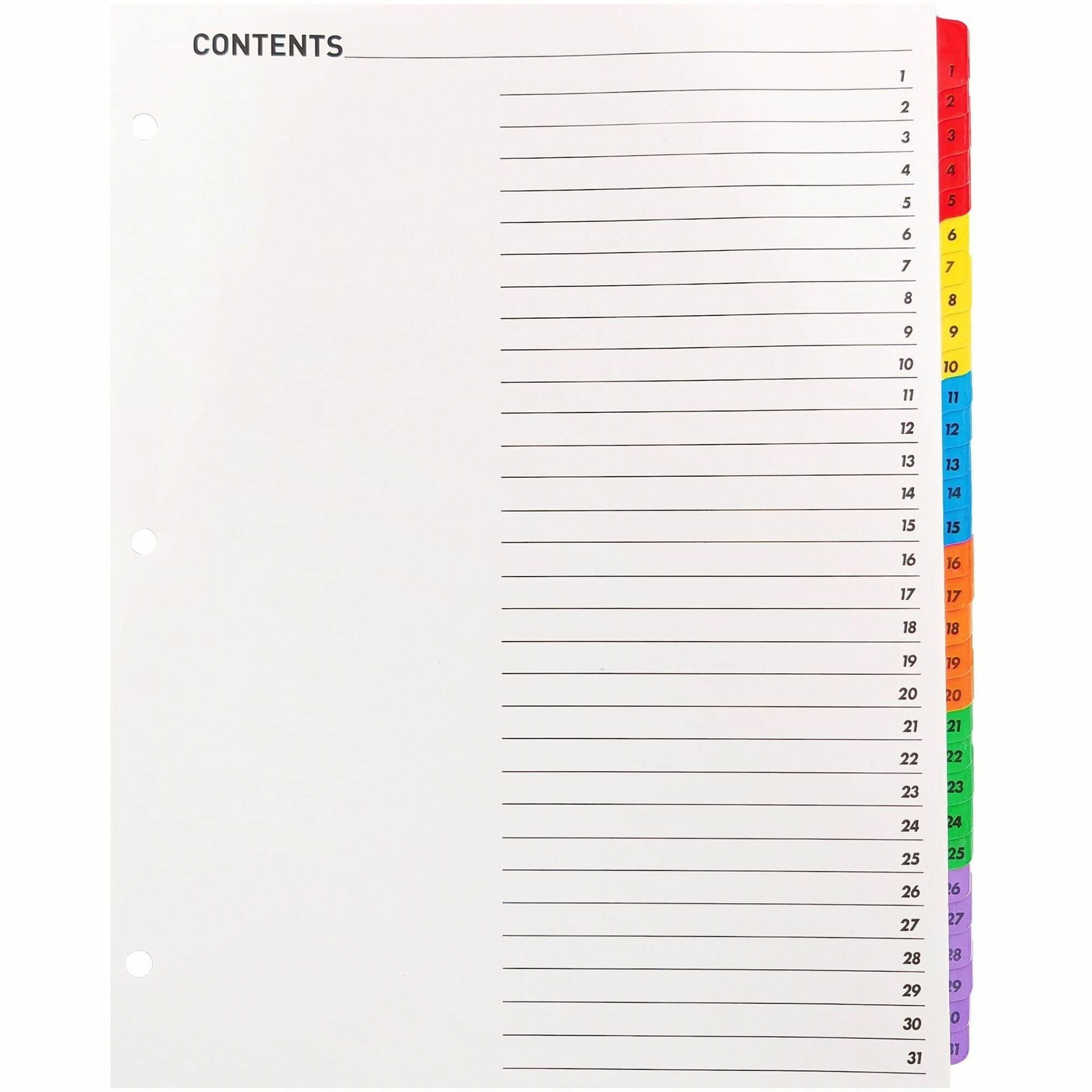 Business Source Table of Content Quick Index Dividers - Printed Tab(s) - Digit - 1-31 - 31 Tab(s)/Set - 8.5" Divider Width x 11" Divider Length - 3 Hole Punched - Multicolor Divider - Multicolor Mylar Tab(s) - 1 Set