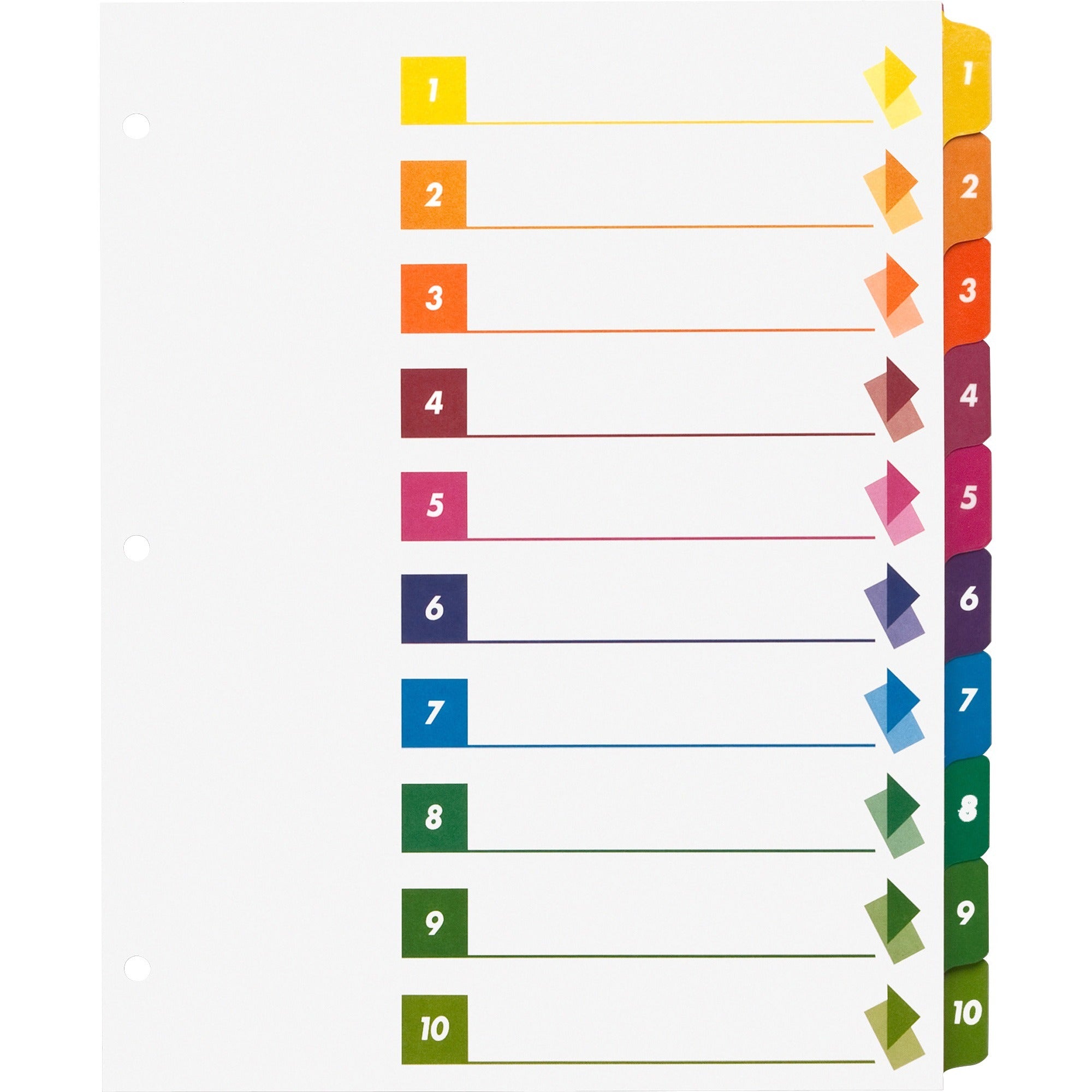 Business Source Color-coded Table of Contents/Tabs Index Dividers - Printed Tab(s) - Digit - 1-10 - 10 Tab(s)/Set - 3 Hole Punched - Multicolor Divider - Multicolor Mylar Tab(s) - Tear Resistant, Reinforced, Punched - 1 Box