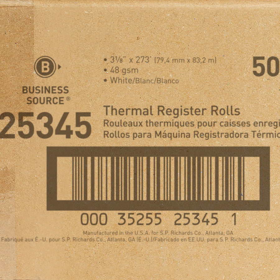 Business Source Thermal Paper - 3 1/8" x 273 ft - 48 g/m² Grammage - Smooth - White - 50 / Carton