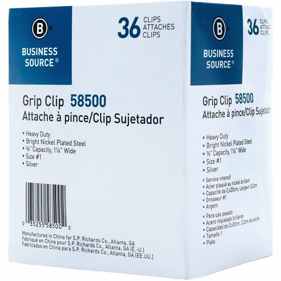 Business Source Bulldog Grip Clips - No. 1 - 1.3" Width - for Paper - Heavy Duty - Silver - 36 / Box