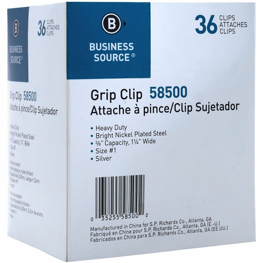 Business Source Bulldog Grip Clips - No. 1 - 1.3" Width - for Paper - Heavy Duty - Silver - 36 / Box