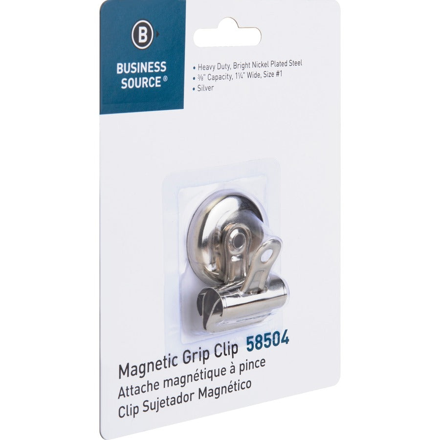 Business Source Magnetic Grip Clips - No. 1 - 1.3" Width - for Paper - Magnetic Backing, Heavy Duty - Silver - 1 Each