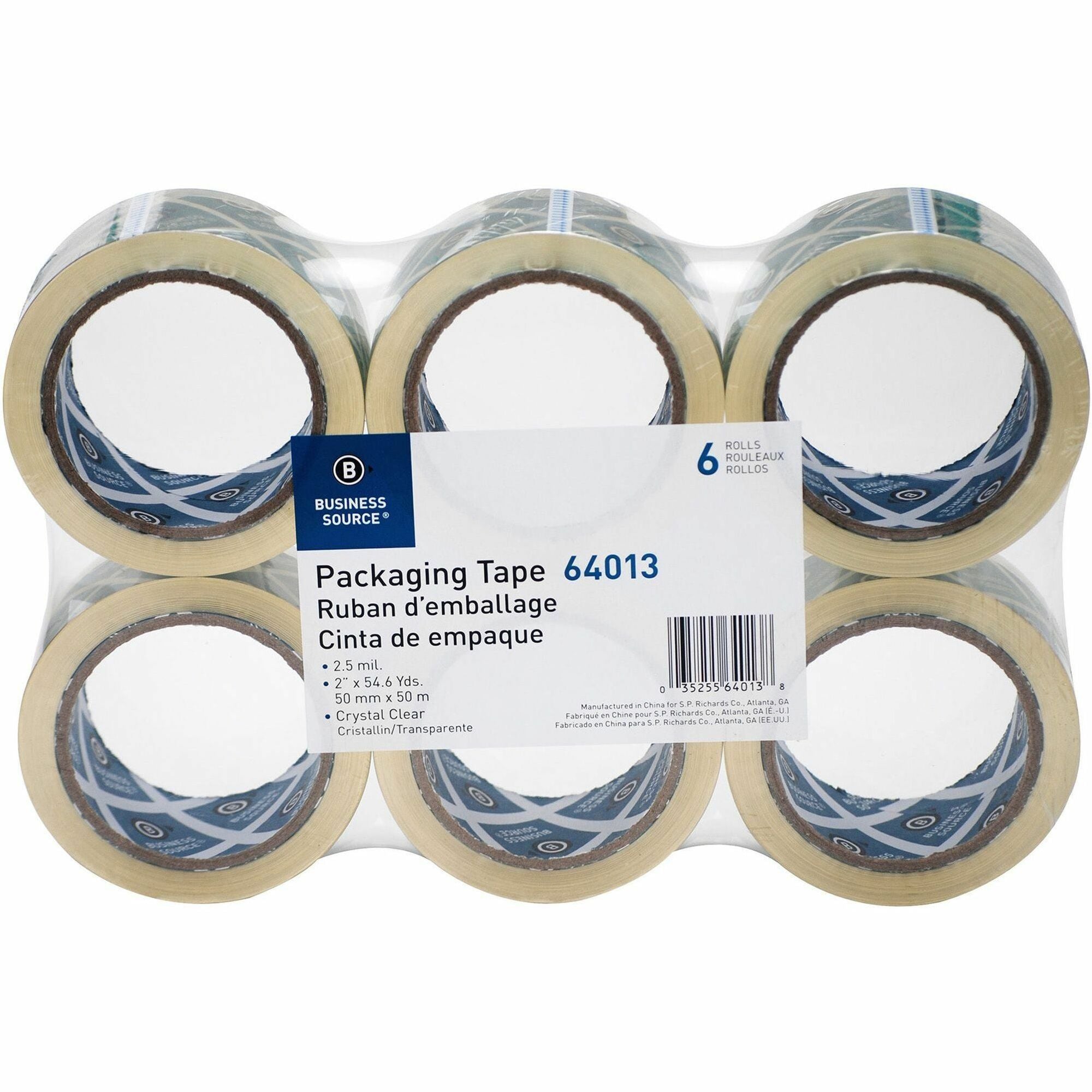 Business Source Crystal Clear Packaging Tape - 55 yd Length x 2" Width - 3" Core - Crystal - Pressure-sensitive Poly - 2.50 mil - Abrasion Resistant, Split Resistant - For Packing - 6 / Pack