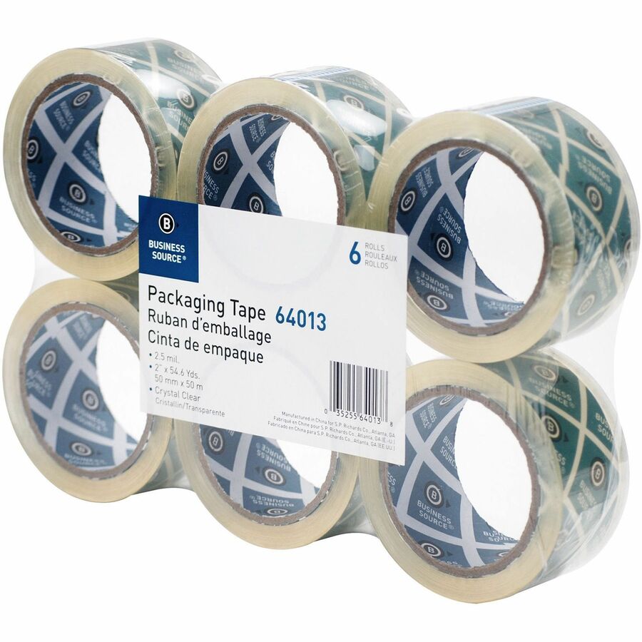 Business Source Crystal Clear Packaging Tape - 55 yd Length x 2" Width - 3" Core - Crystal - Pressure-sensitive Poly - 2.50 mil - Abrasion Resistant, Split Resistant - For Packing - 6 / Pack