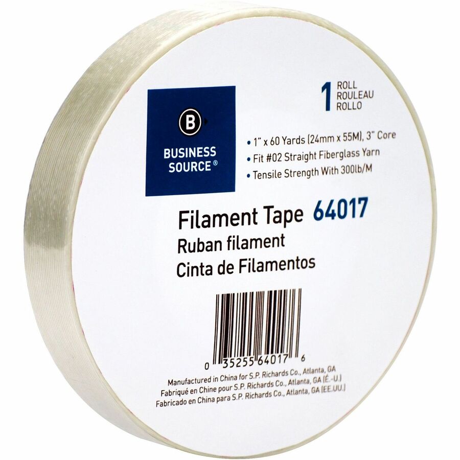 Business Source Heavy-duty Filament Tape - 60 yd Length x 1" Width - 3" Core - White - Fiberglass Filament Roll - 1 Roll