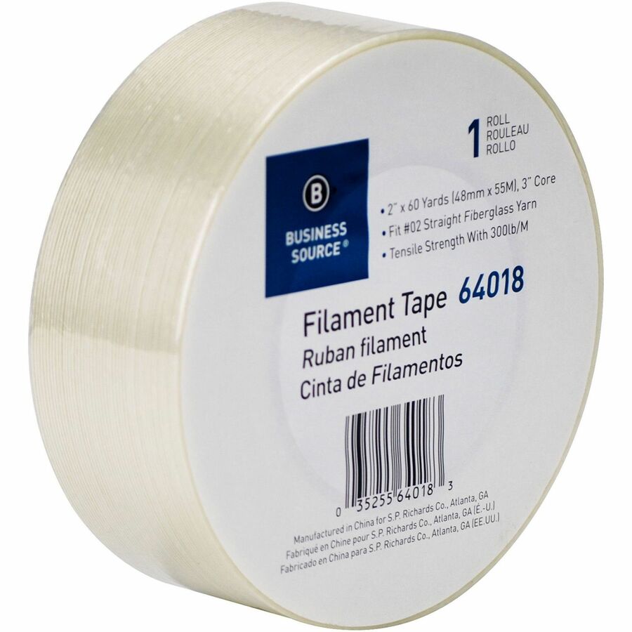 Business Source Heavy-duty Filament Tape - 60 yd Length x 2" Width - 3" Core - White - Fiberglass Filament Roll - 1 Roll